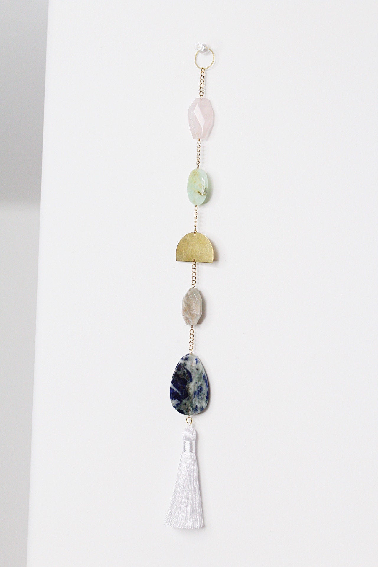 Sun Catcher Crystal Brass Moon Wall Hanging Art with Real Natural Stone Light Catcher Moonstone Rose Quartz Lapis Lazuli Crystal Brass Moon