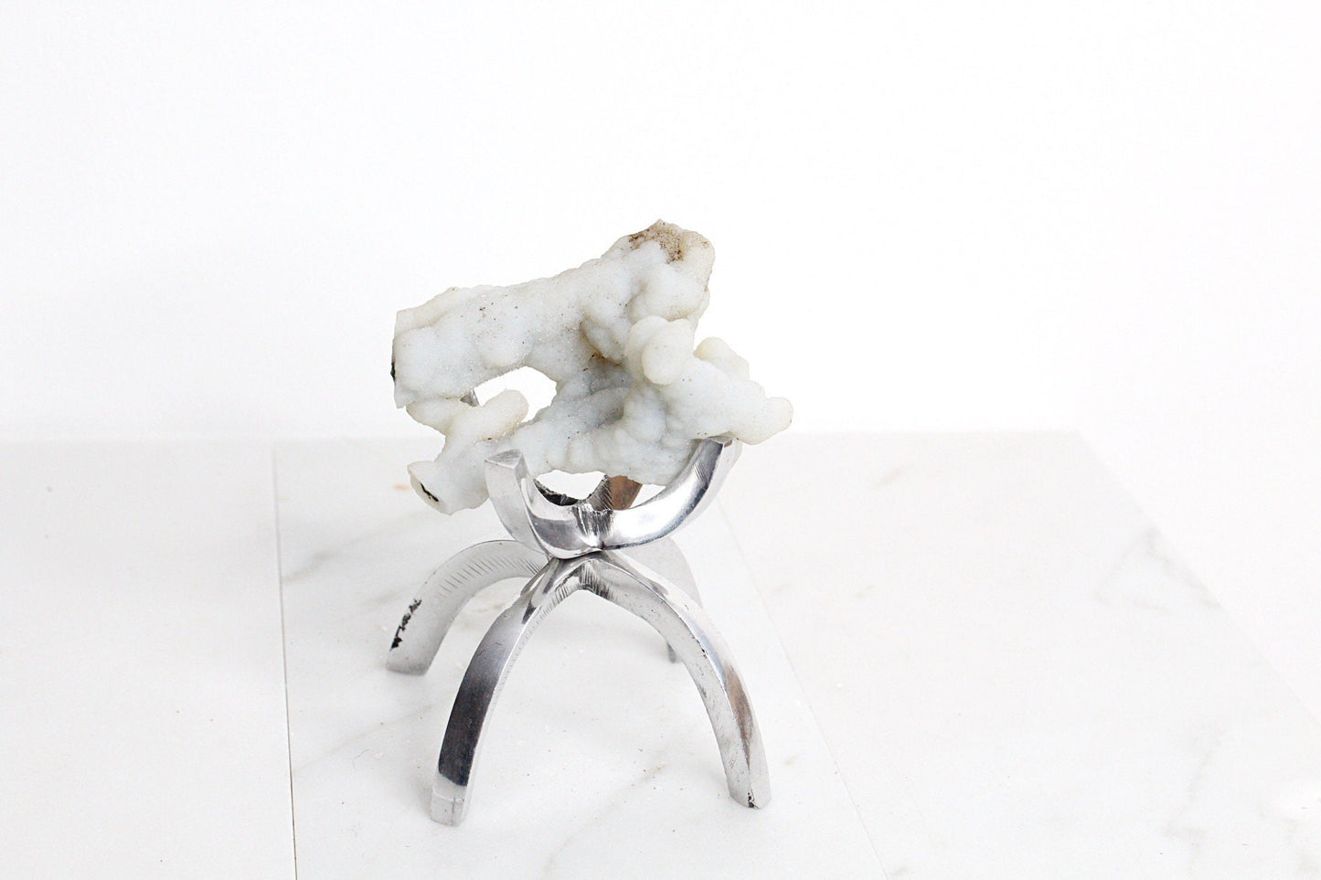 White Chalcedony Quartz on Brass Claw Stand – Boho Home Accent