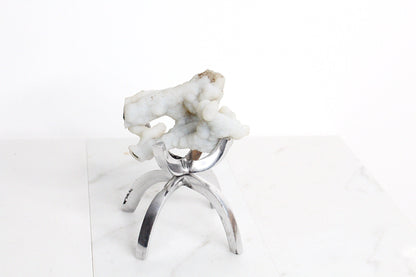 White Chalcedony Quartz on Brass Claw Stand – Boho Home Accent