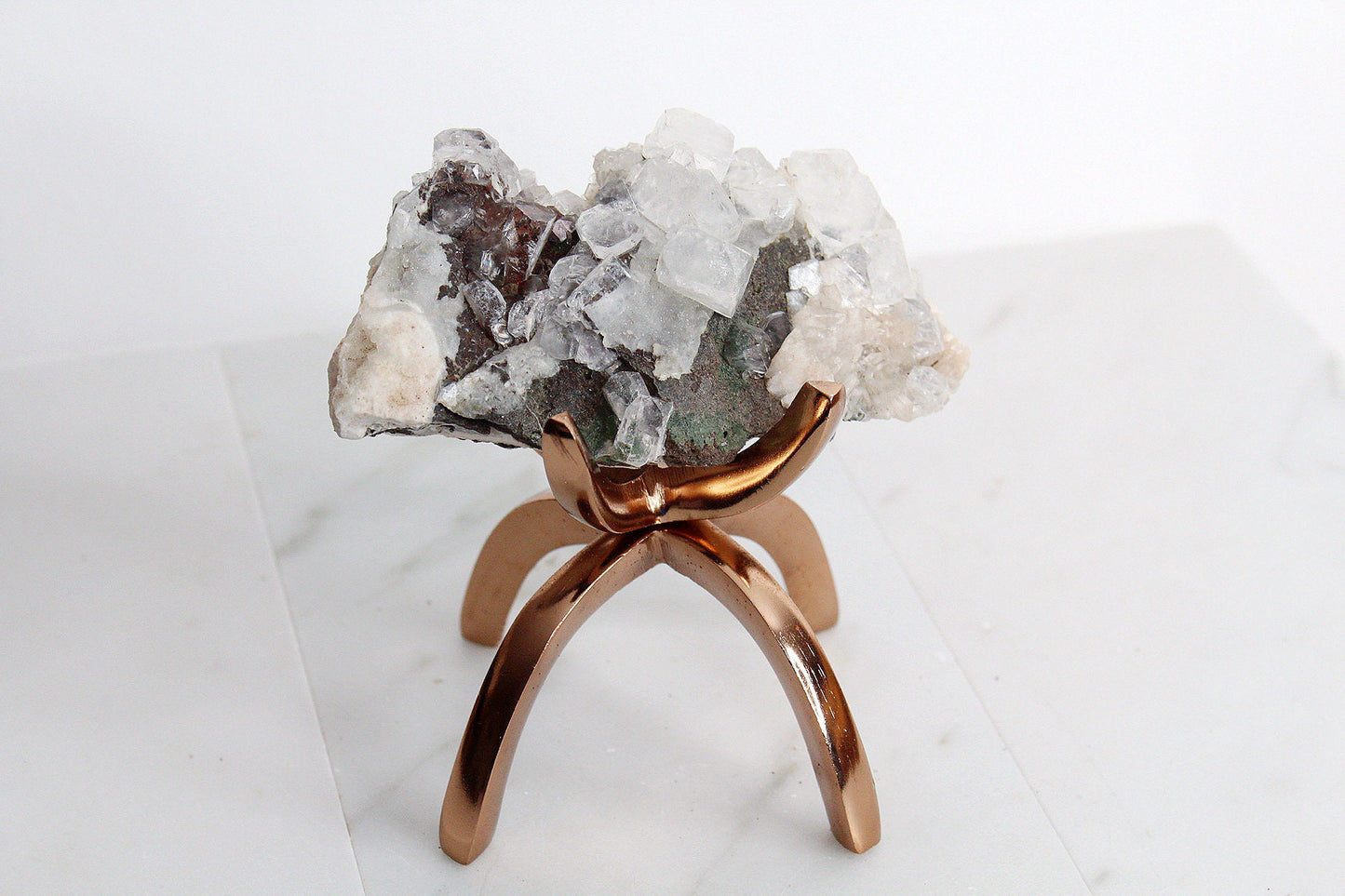 Raw White Apophyllite & Stilbite Quartz on Brass Claw Stand – Boho Crystal Decor