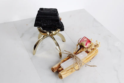 Stress Relief Crystal Kit Meditation Practice Set Energy Clearing Collection Rose Quartz Bundle Palo Santo Package Selenite Crystal Kit Brass Stand Display Mental Health Support Spiritual Gift Box Premium Wellness Collection Beautiful Set