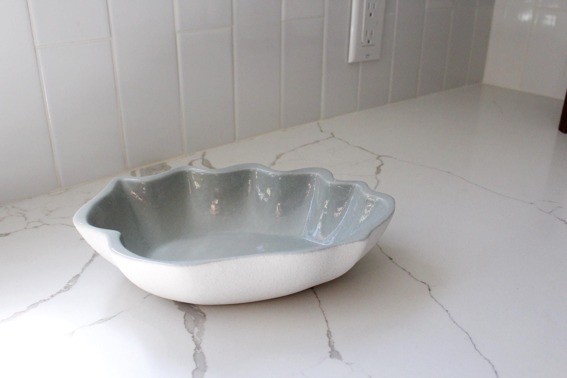 Home Accent Bowl White Stoneware Collection Shell Pattern Design Modern Kitchen Essential Coastal Style Decor Beautiful Serving Piece Premium Quality Construction Contemporary Display Art Elegant Interior Finish Blue Gloss Surface