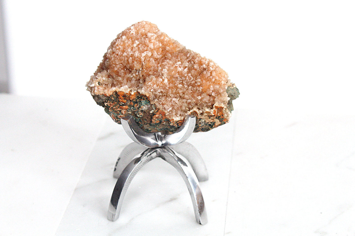 Heulandite & Pink Quartz Crystal on Brass Claw Stand – Unique Decor Accent