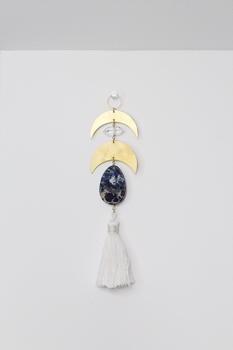 Crescent Moon Sun Catcher – Brass Crystal Wall Art with Lapis Lazuli & Quartz