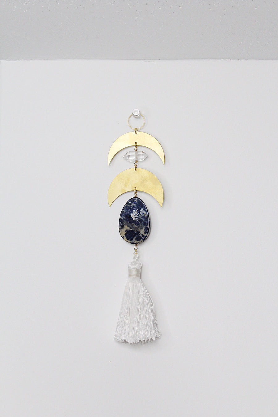 Crescent Brass Crystal Moon Wall Hanging Art | Sun Catcher | Lapis Lazuli Clear Quartz