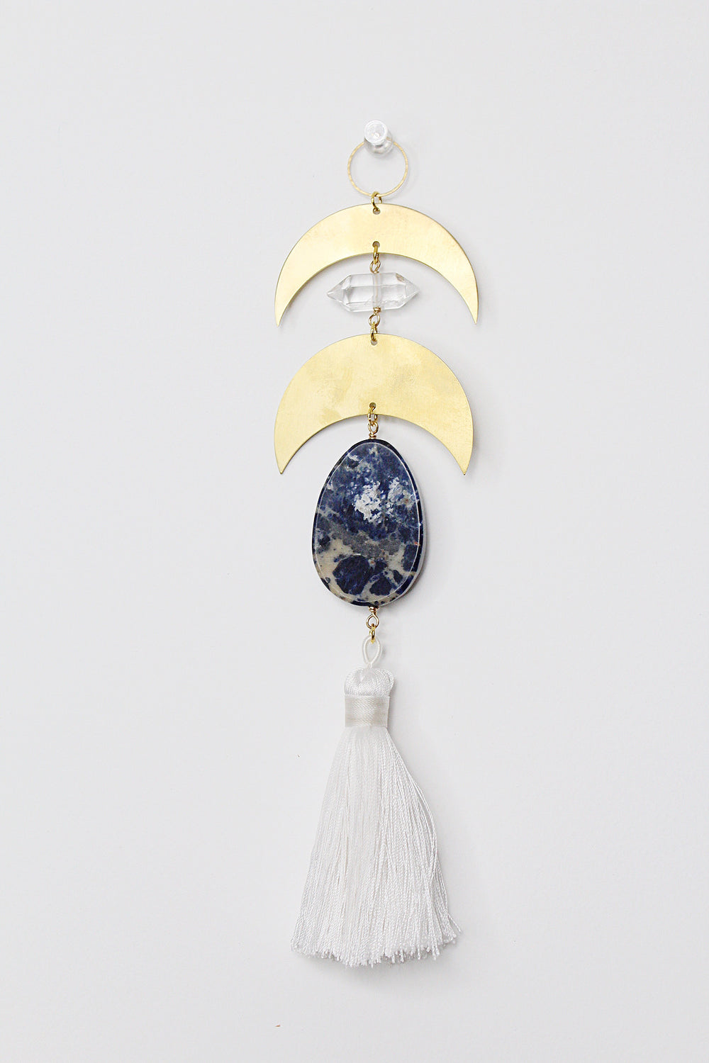 Crescent Moon Sun Catcher – Brass Crystal Wall Art with Lapis Lazuli & Quartz