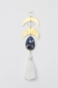 Crescent Moon Sun Catcher – Brass Crystal Wall Art with Lapis Lazuli & Quartz