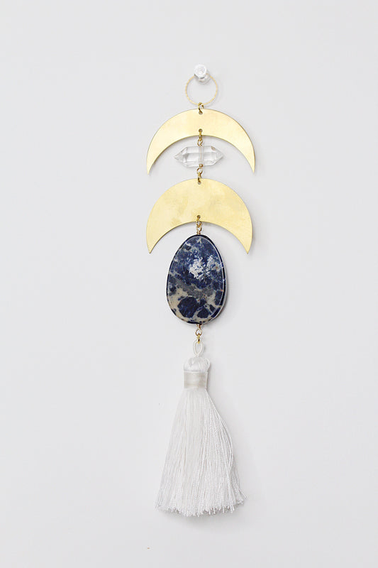 Crescent Moon Sun Catcher – Brass Crystal Wall Art with Lapis Lazuli & Quartz