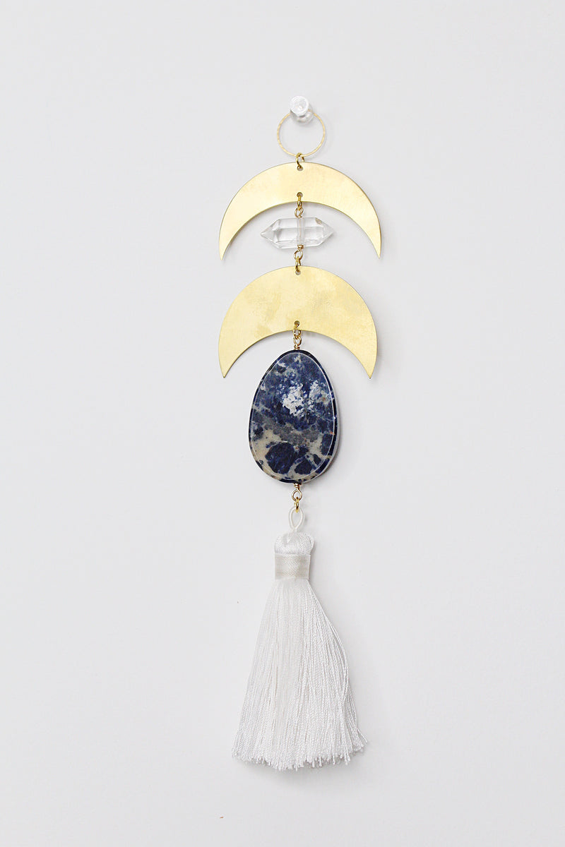Crescent Moon Sun Catcher – Brass Crystal Wall Art with Lapis Lazuli & Quartz