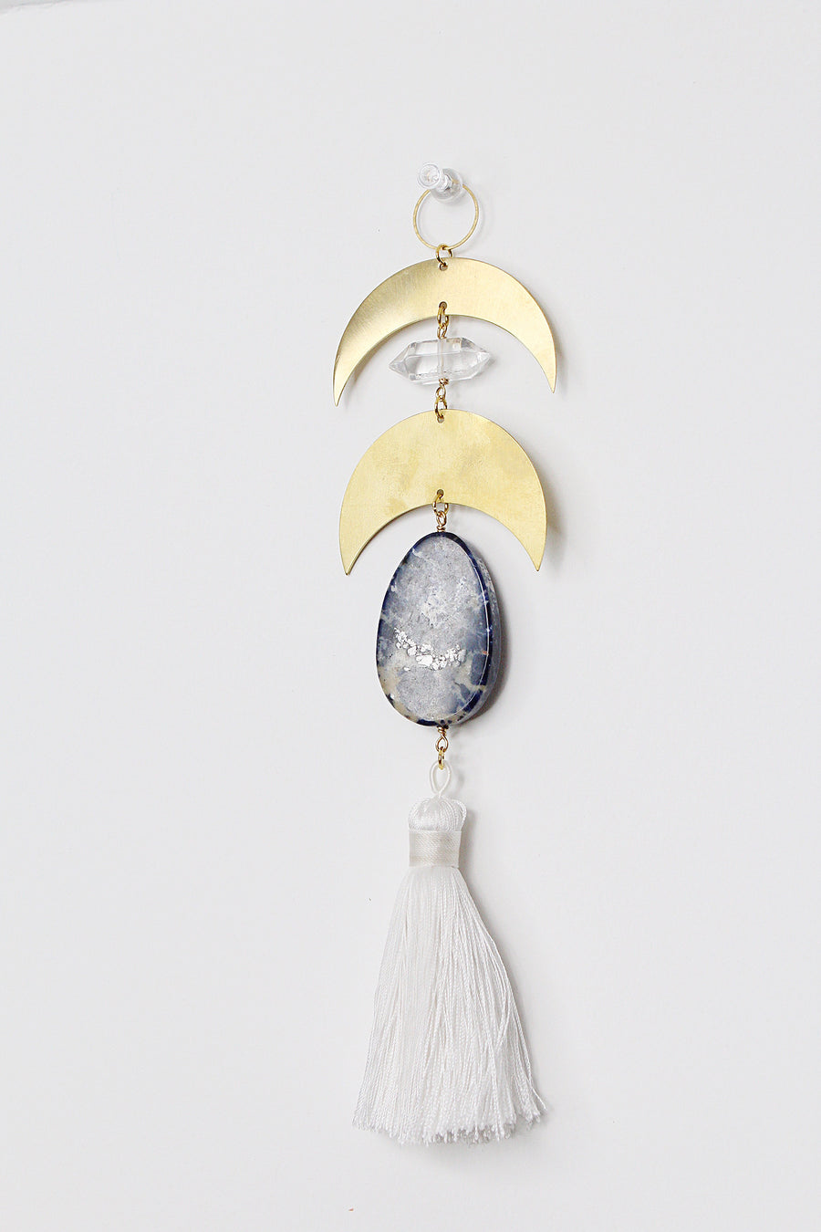 Crescent Brass Crystal Moon Wall Hanging Art | Sun Catcher | Lapis Lazuli Clear Quartz