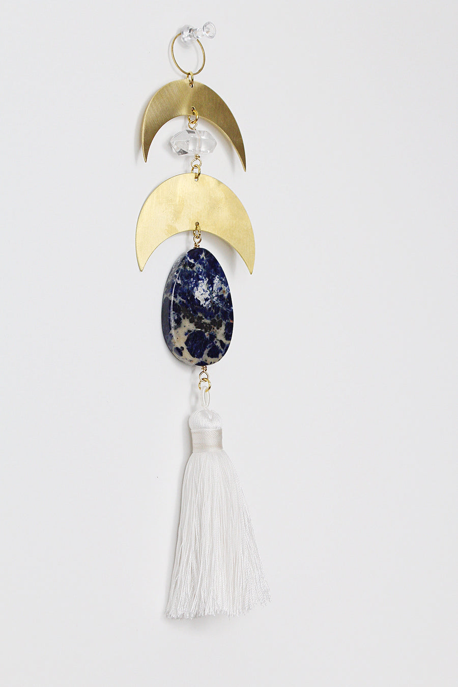 Crescent Brass Crystal Moon Wall Hanging Art | Sun Catcher | Lapis Lazuli Clear Quartz