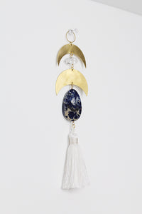 Crescent Moon Sun Catcher – Brass Crystal Wall Art with Lapis Lazuli & Quartz