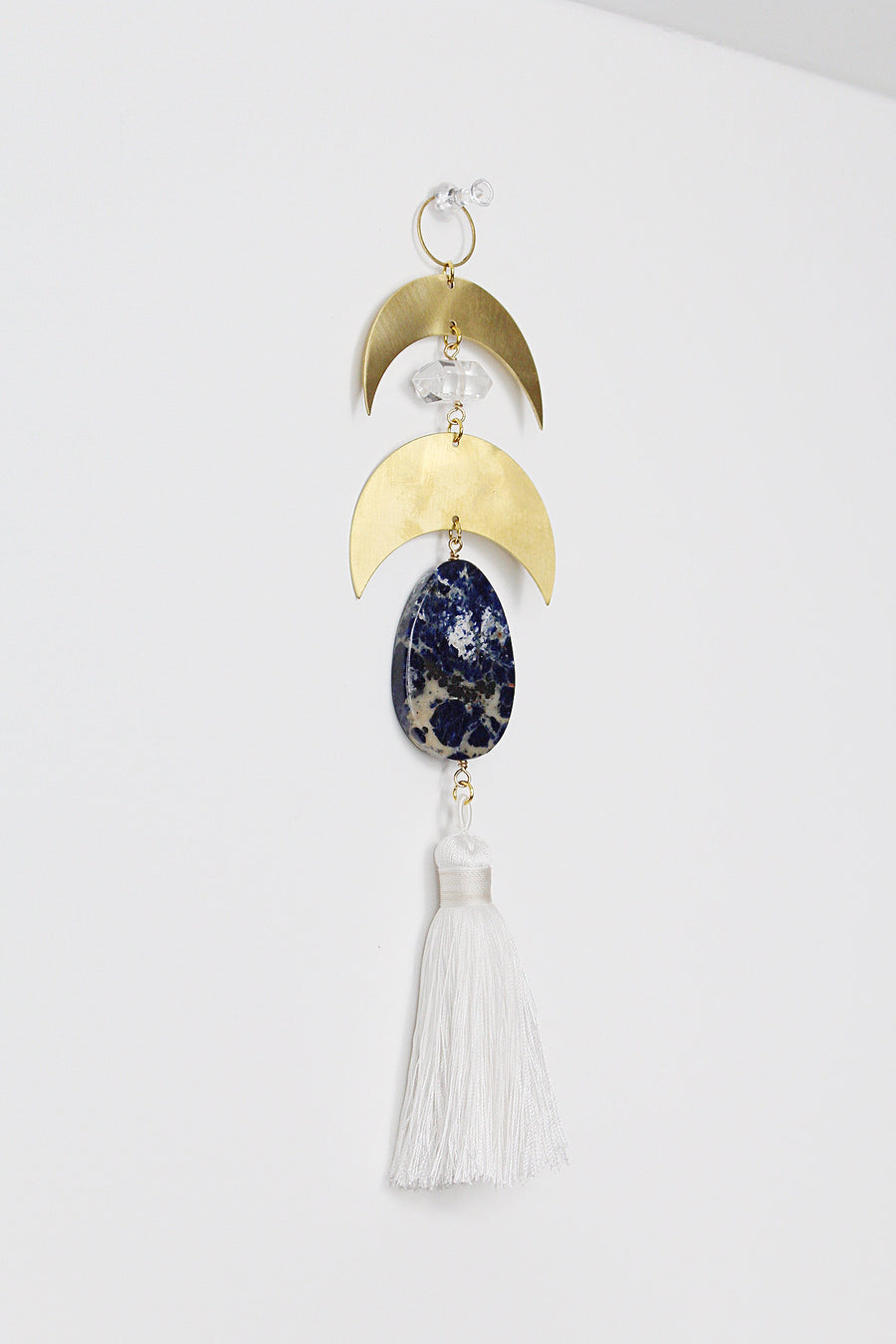 Crescent Brass Crystal Moon Wall Hanging Art | Sun Catcher | Lapis Lazuli Clear Quartz