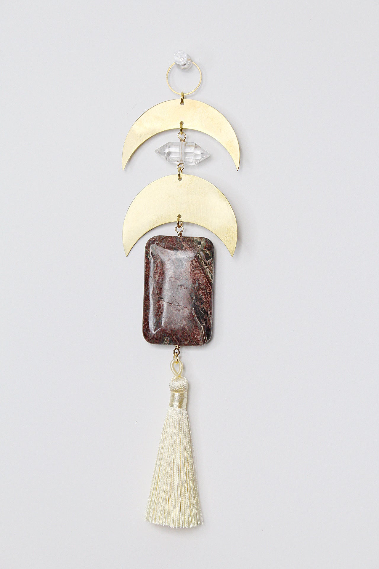 Crescent Brass Moon Wall Hanging - Sun Catcher with Fancy Jasper & Clear Quartz