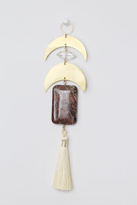 Crescent Brass Moon Wall Hanging - Sun Catcher with Fancy Jasper & Clear Quartz