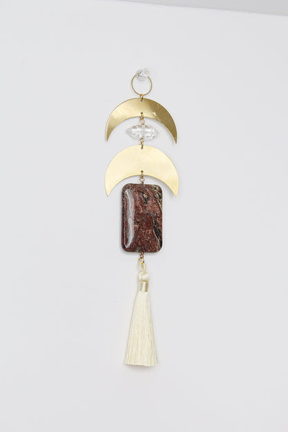 Crescent Brass Moon Wall Hanging - Sun Catcher with Fancy Jasper & Clear Quartz