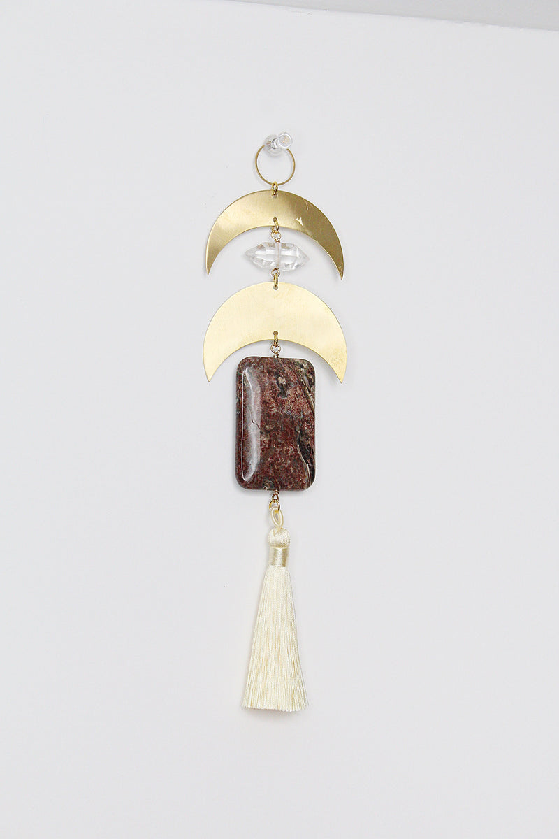 Crescent Brass Moon Wall Hanging - Sun Catcher with Fancy Jasper & Clear Quartz