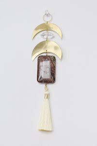 Crescent Brass Moon Wall Hanging - Sun Catcher with Fancy Jasper & Clear Quartz