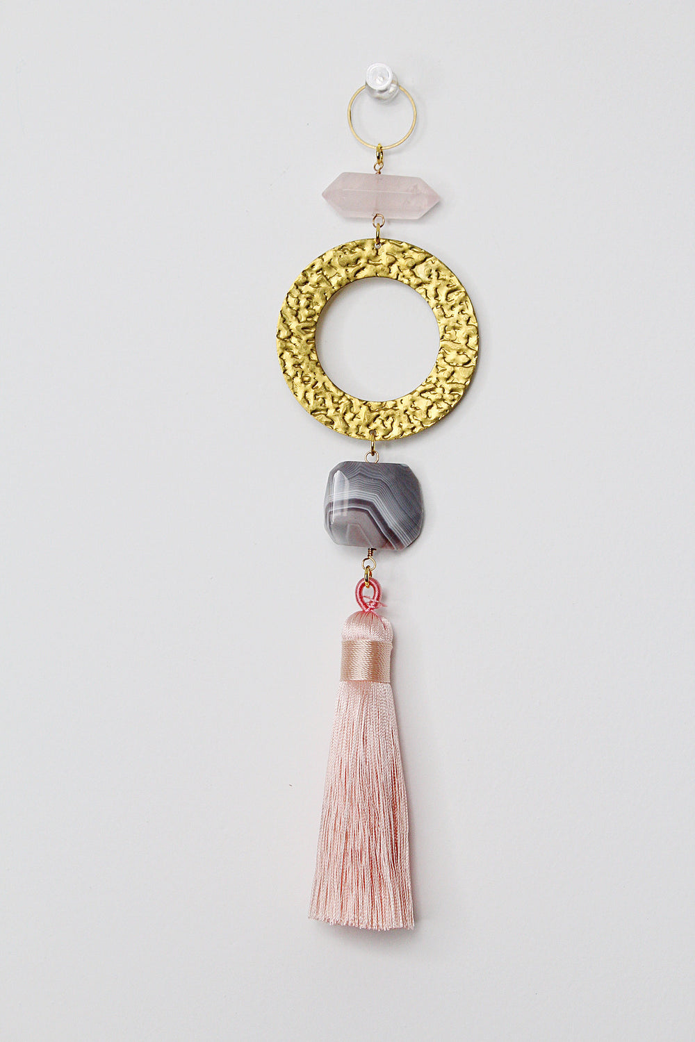 Pink Sun Catcher Crystal on Brass Hoop – Rose Quartz & Botswana Agate Wall Art