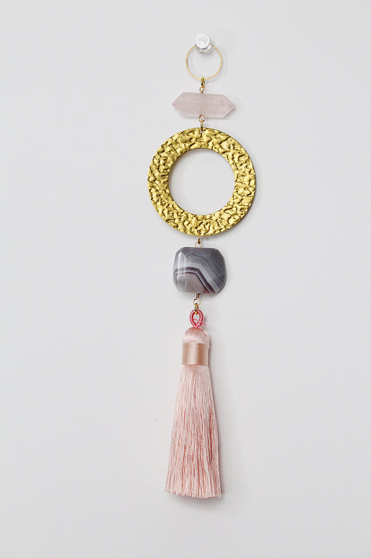 Pink Sun Catcher Crystal on Brass Hoop – Rose Quartz & Botswana Agate Wall Art