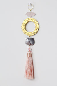 Pink Sun Catcher Crystal on Brass Hoop – Rose Quartz & Botswana Agate Wall Art