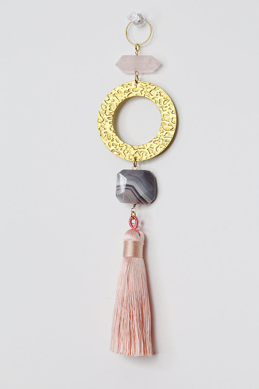 Pink Sun Catcher Crystal on Brass Hoop – Rose Quartz & Botswana Agate Wall Art
