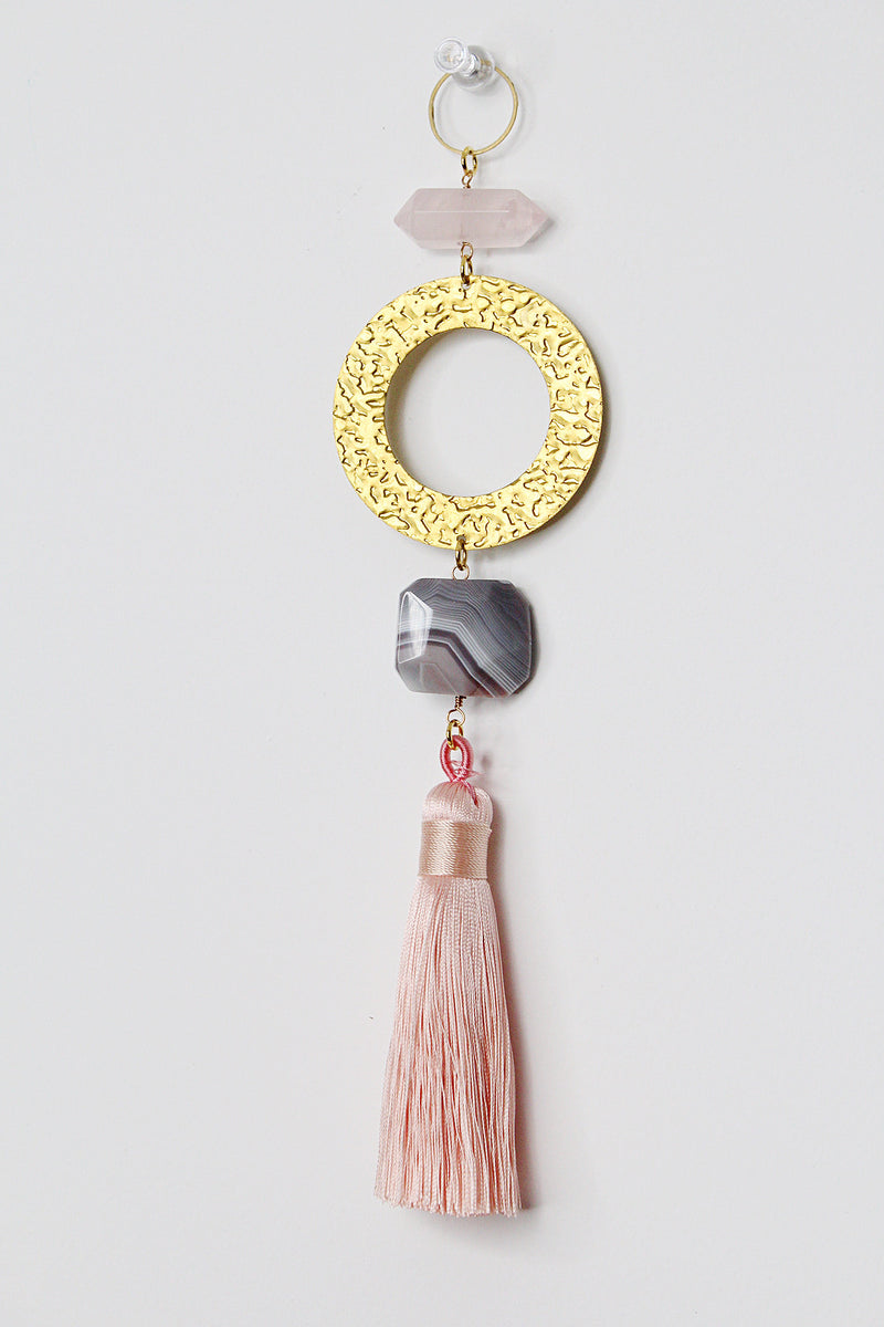 Pink Sun Catcher Crystal on Brass Hoop – Rose Quartz & Botswana Agate Wall Art