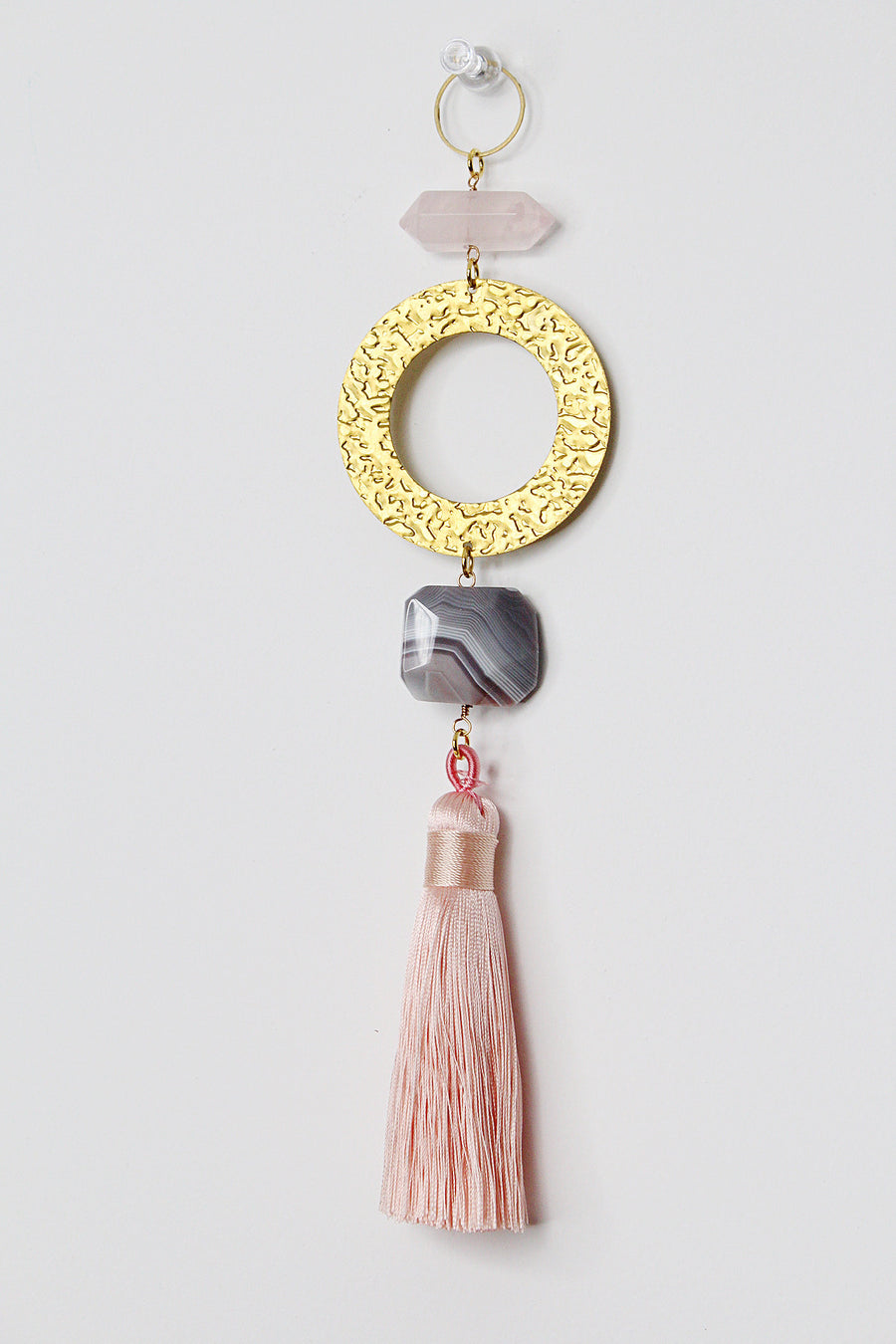 Pink Sun Catcher | Crystal Brass Moon Wall Hanging Art | Rose Quartz Botswana Agate