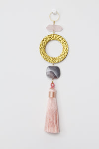 Pink Sun Catcher Crystal on Brass Hoop – Rose Quartz & Botswana Agate Wall Art