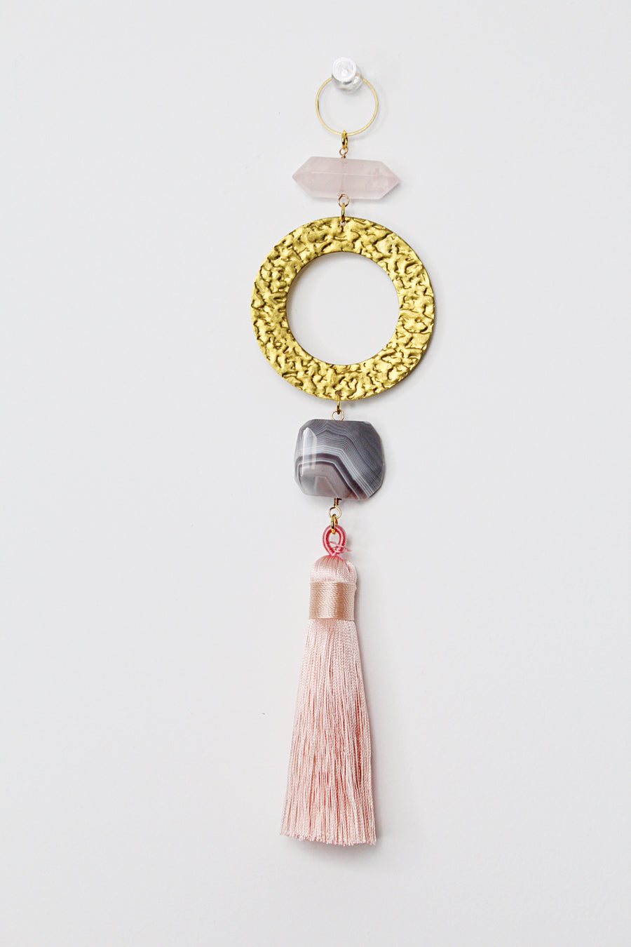 Pink Sun Catcher | Crystal Brass Moon Wall Hanging Art | Rose Quartz Botswana Agate