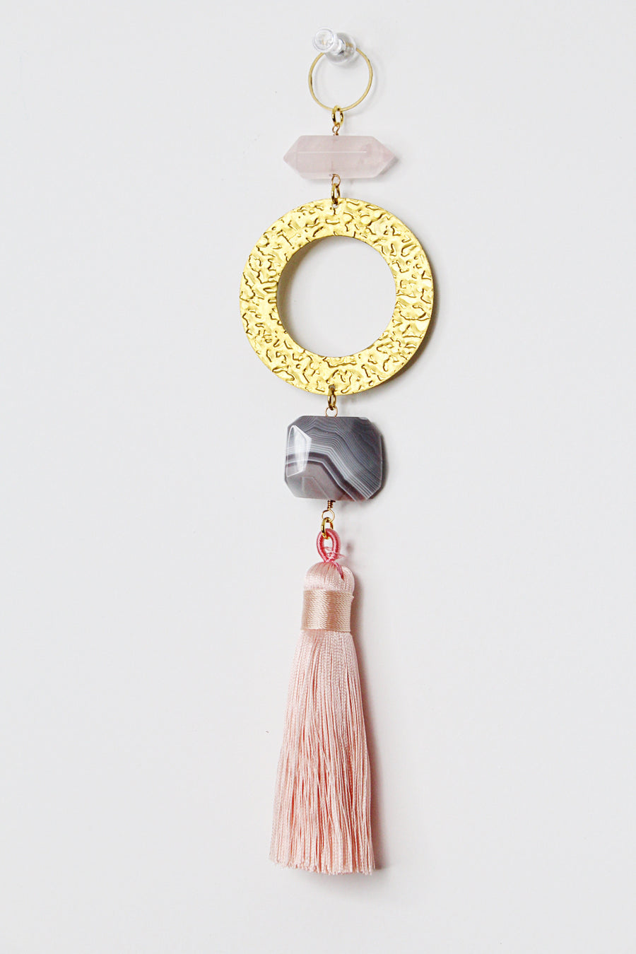 Pink Sun Catcher | Crystal Brass Moon Wall Hanging Art | Rose Quartz Botswana Agate