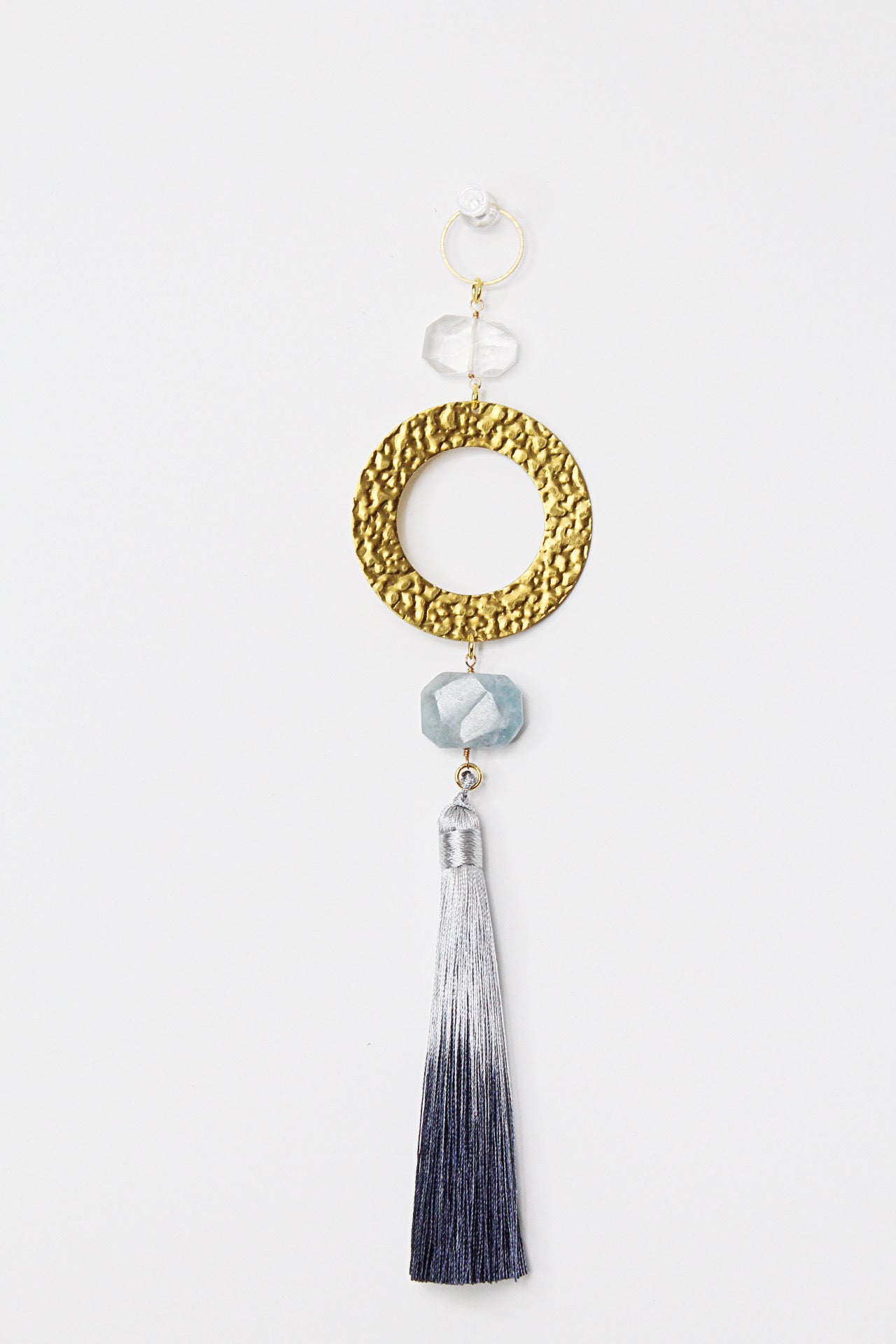 Blue Aquamarine Sun Catcher - Crystal & Brass Moon Wall Hanging with Clear Quartz
