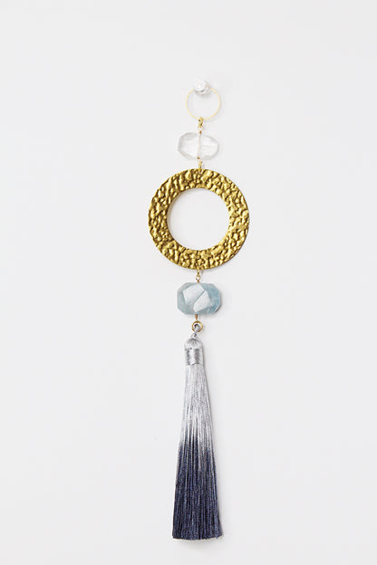 Blue Aquamarine Sun Catcher - Crystal & Brass Moon Wall Hanging with Clear Quartz