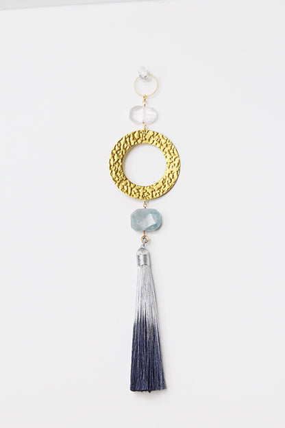 Blue Aquamarine Sun Catcher - Crystal & Brass Moon Wall Hanging with Clear Quartz