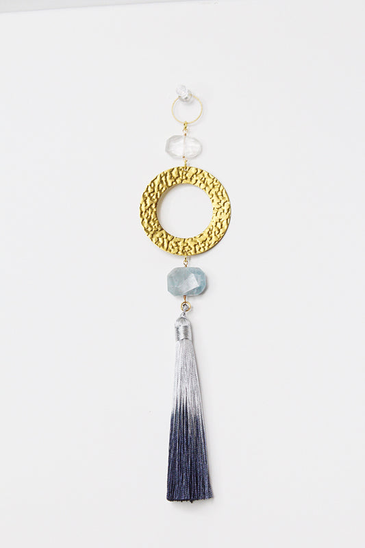 Blue Aquamarine Sun Catcher - Crystal & Brass Moon Wall Hanging with Clear Quartz