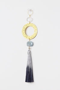 Blue Aquamarine Sun Catcher - Crystal & Brass Moon Wall Hanging with Clear Quartz