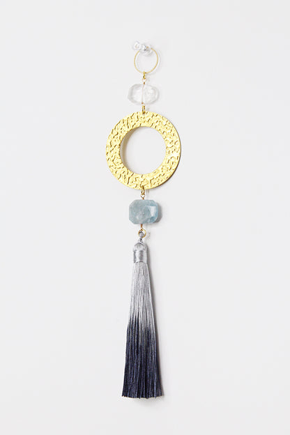 Blue Aquamarine Sun Catcher - Crystal & Brass Moon Wall Hanging with Clear Quartz