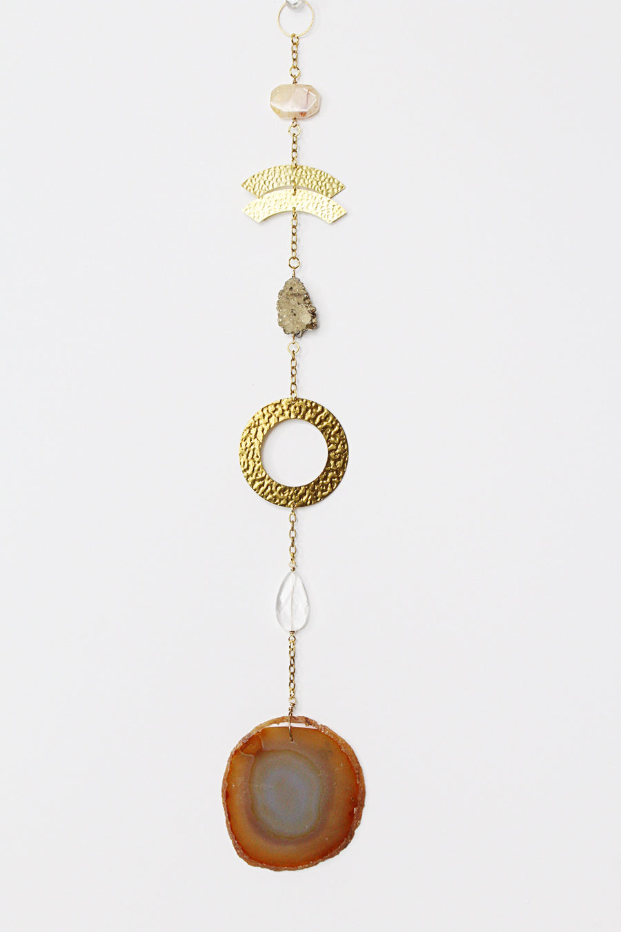 Agate Sun Catcher |Crystal Brass Moon Wall Hanging Art | Citrine Druzy Clear Quartz