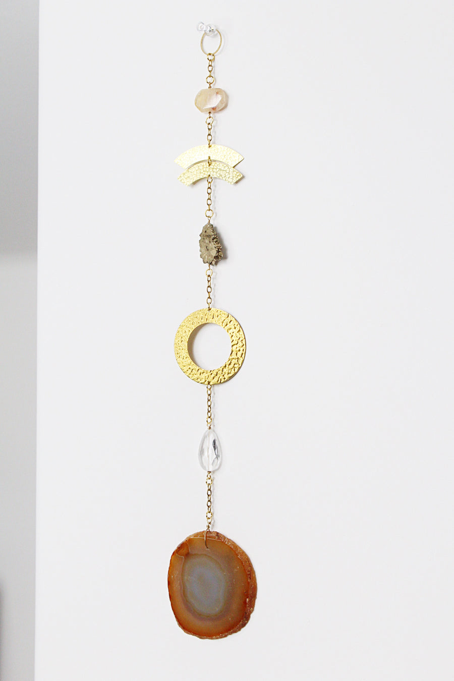 Agate Sun Catcher |Crystal Brass Moon Wall Hanging Art | Citrine Druzy Clear Quartz