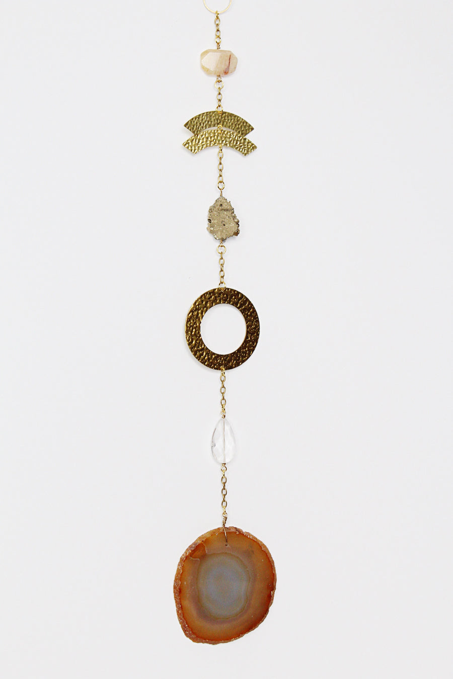 Agate Sun Catcher |Crystal Brass Moon Wall Hanging Art | Citrine Druzy Clear Quartz