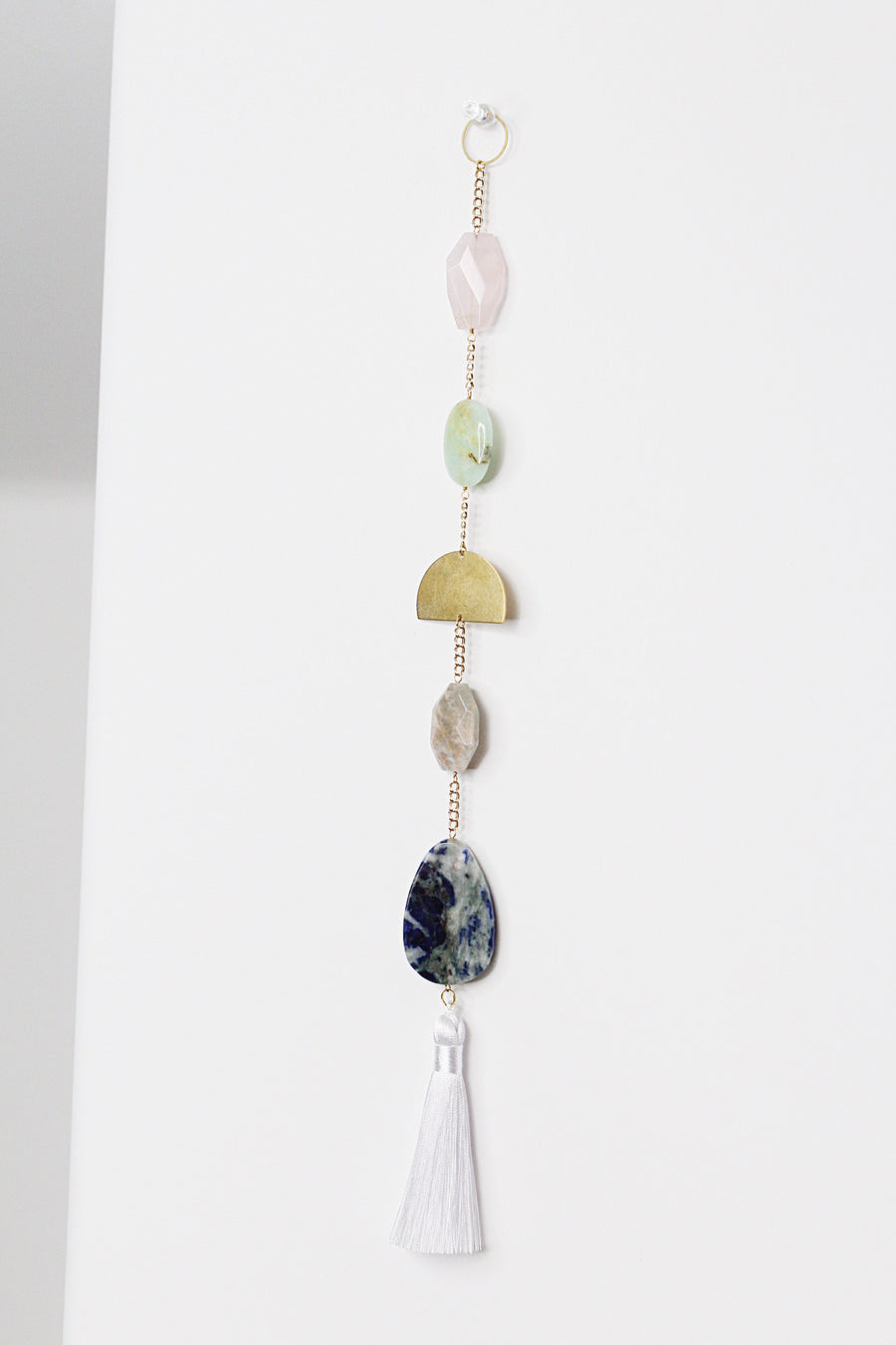 Sun Catcher Crystal Brass Moon Wall Hanging Art | Real Natural Stone| Moonstone Rose Quartz Lapis Lazuli