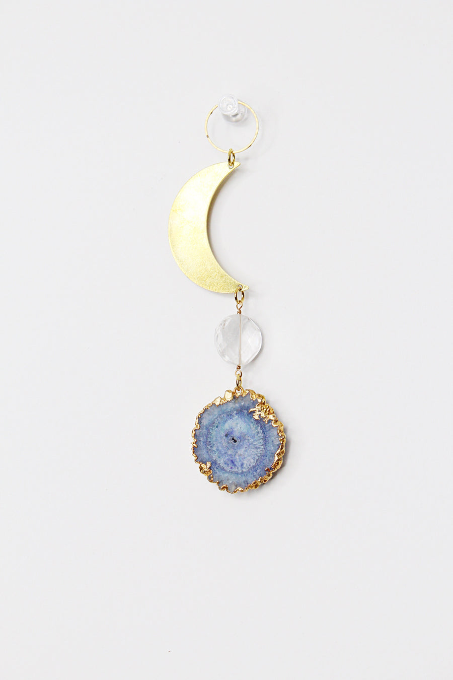 Blue Stalactite Slice Brass Crescent Clear Crystal Rock Quartz Wall Hanging Art | Sun Catcher