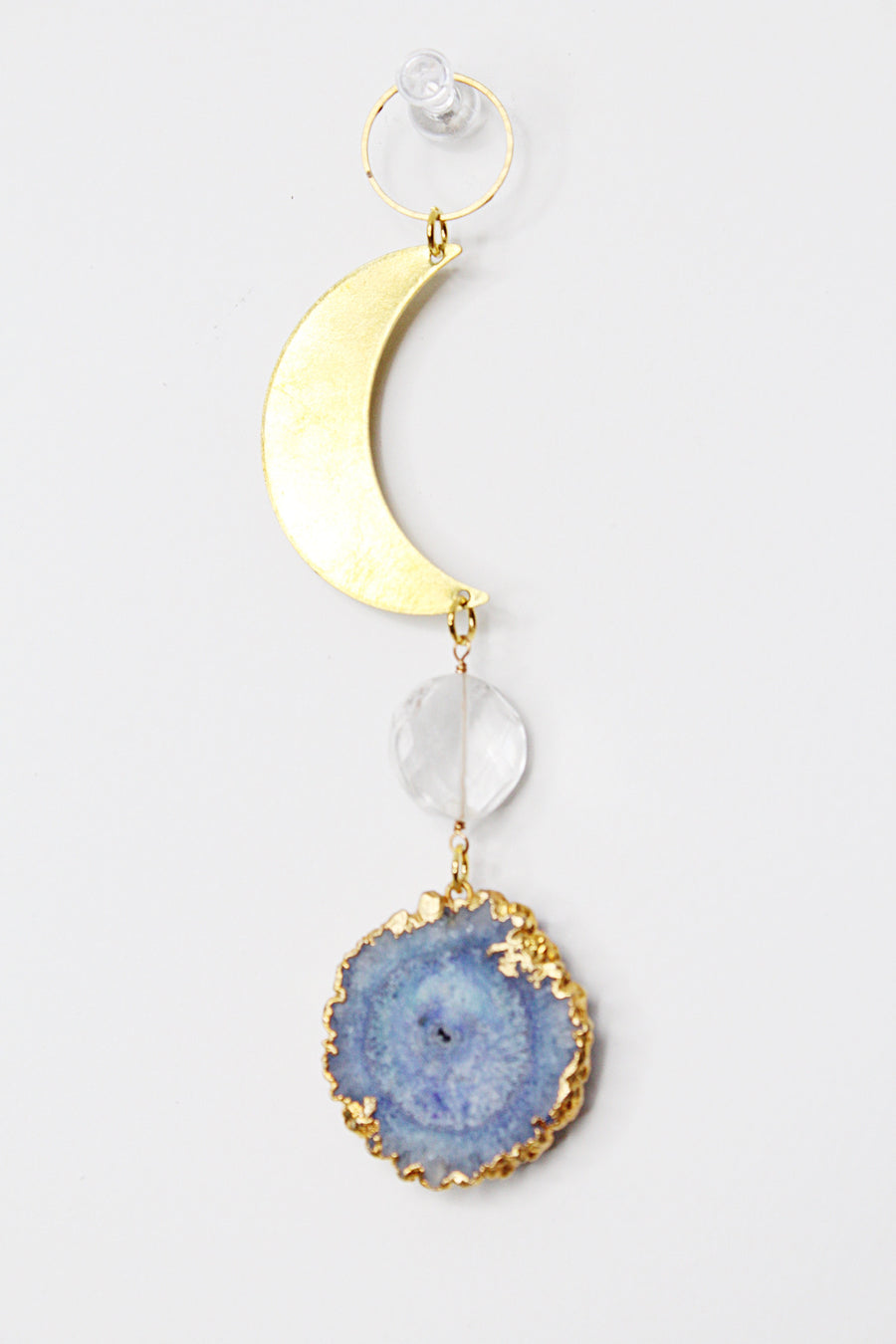 Blue Stalactite Slice Brass Crescent Clear Crystal Rock Quartz Wall Hanging Art | Sun Catcher