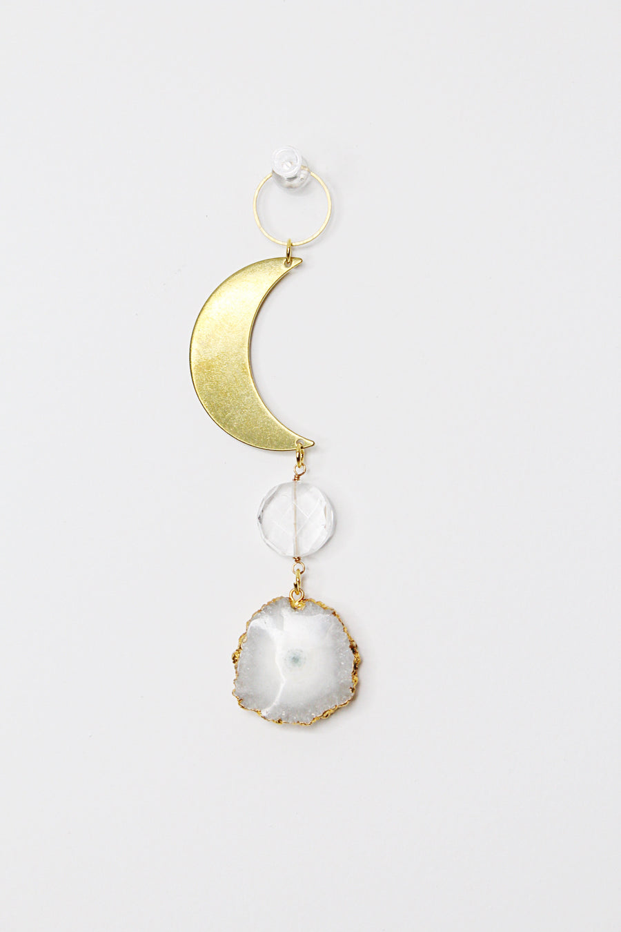 White Stalactite Slice Brass Crescent Moonstone Clear Crystal Rock Quartz Wall Hanging Art | Sun Catcher