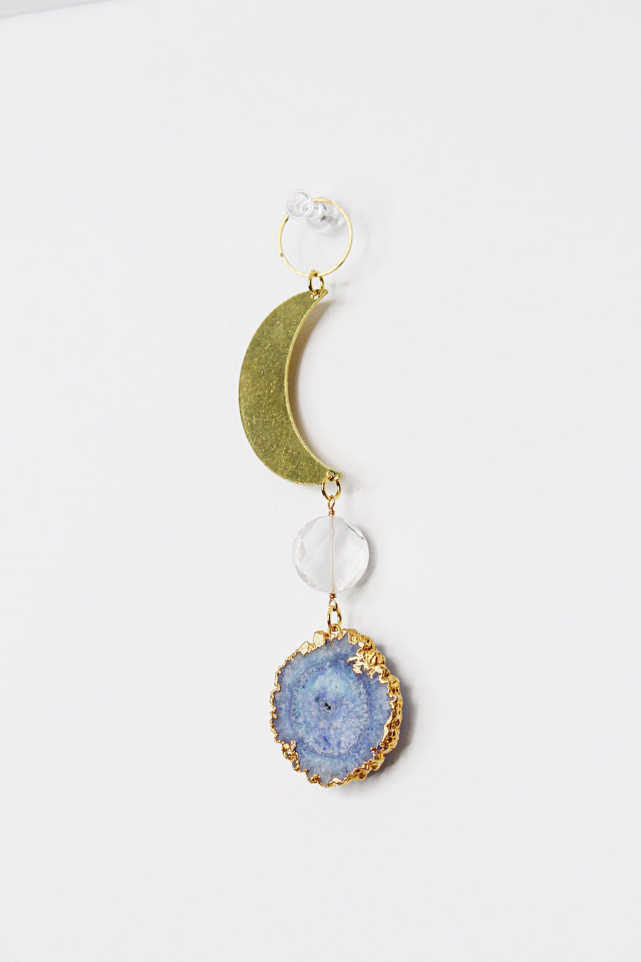 Blue Stalactite Slice Brass Crescent Clear Crystal Rock Quartz Wall Hanging Art | Sun Catcher