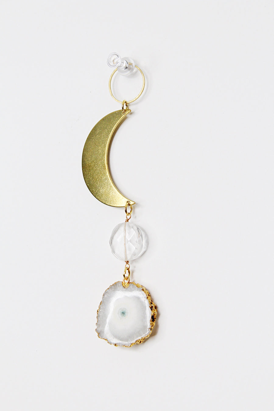 White Stalactite Slice Brass Crescent Moonstone Clear Crystal Rock Quartz Wall Hanging Art | Sun Catcher