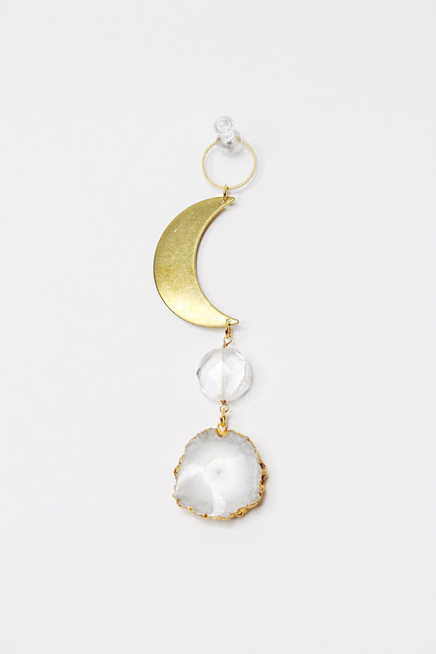 White Stalactite Slice Brass Crescent Moonstone Clear Crystal Rock Quartz Wall Hanging Art | Sun Catcher