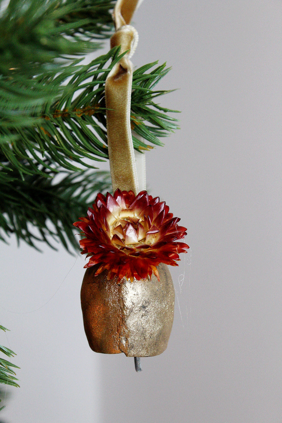 Vintage Gold Bell Boho Christmas Ornament | Set of 4 | Antique Rustic Straw Flower | Burnt Red and Yellow