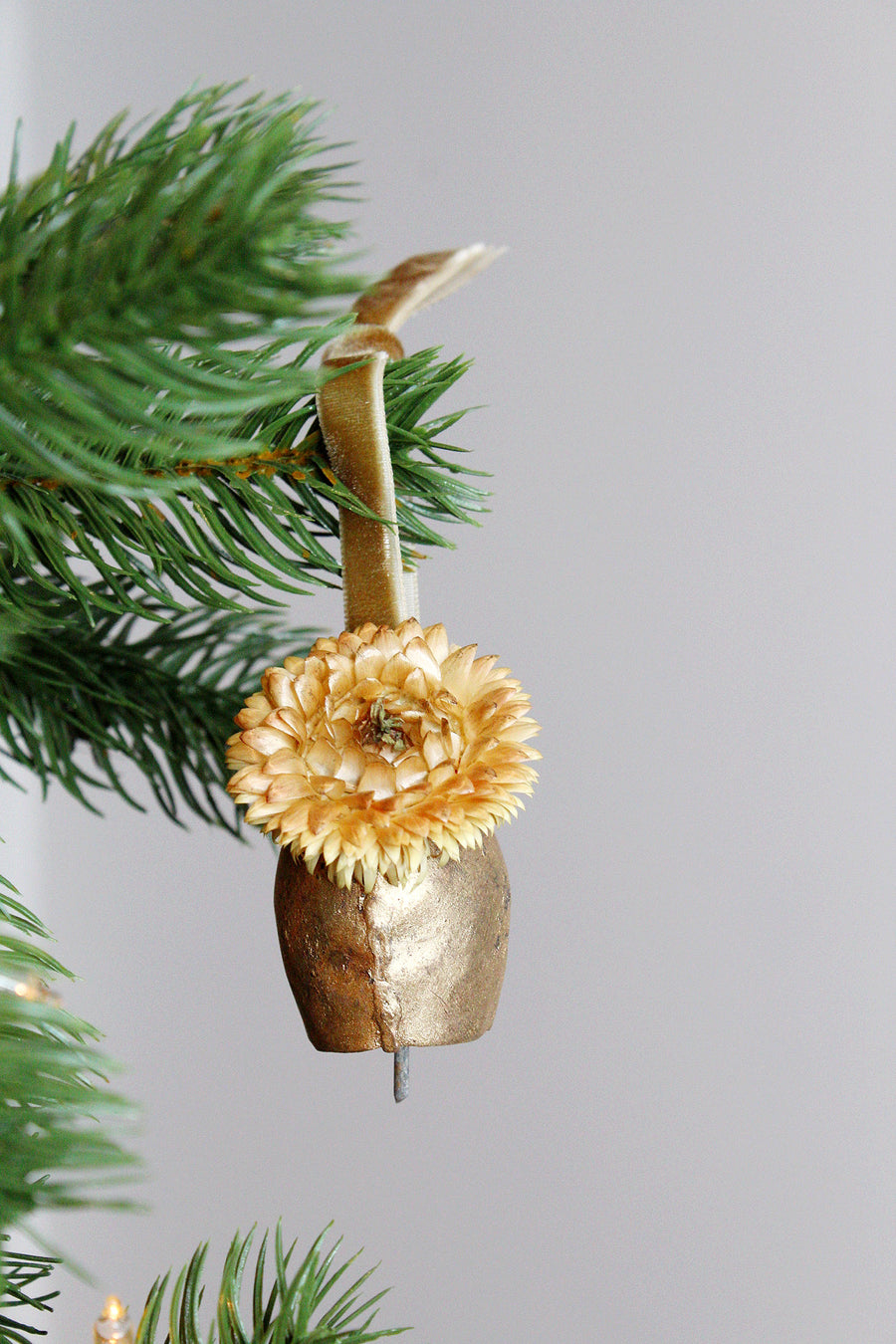 Vintage Gold Bell Boho Christmas Ornament | Set of 4 | Antique Rustic Straw Flower | Burnt Red and Yellow