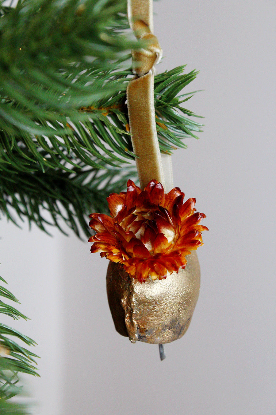 Vintage Gold Bell Boho Christmas Ornament | Set of 4 | Antique Rustic Straw Flower | Burnt Red and Yellow